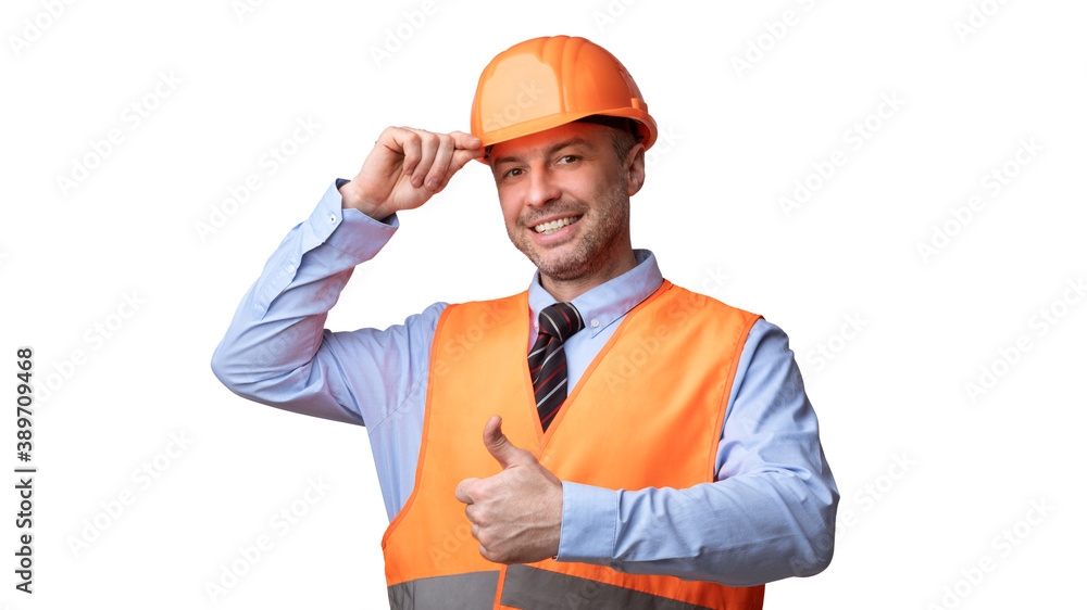 Happy Builder Man In Uniform Gesturing Thumbs-Up, Studio Shot, Panorama Happy Builder Man In Uniform Gesturing Thumbs-Up, Studio Shot, Panorama