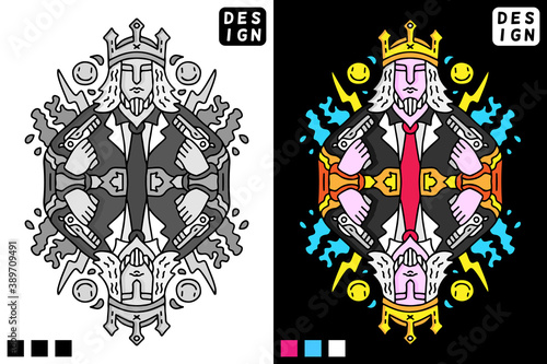 King wearing tuxedo and holding guns in hype style. illustration for t shirt, poster, logo, sticker, or apparel merchandise.