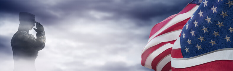 American National Holiday. US Flag background with American stars, stripes and national colors. Soldier. Memorial Day or Veterans Day concept.