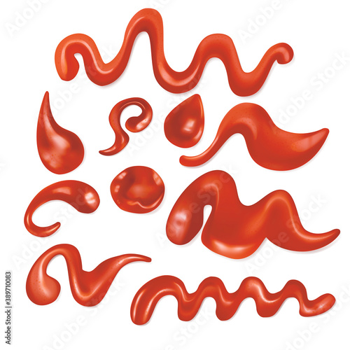 Realistic Detailed 3d Red Ketchup Flowing Set. Vector