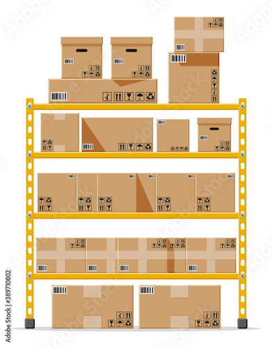 Metallic shelves with carton brown boxes. Goods and container package. Pile cardboard boxes set. Delivery packaging open and closed box with fragile signs. Vector illustration in flat style