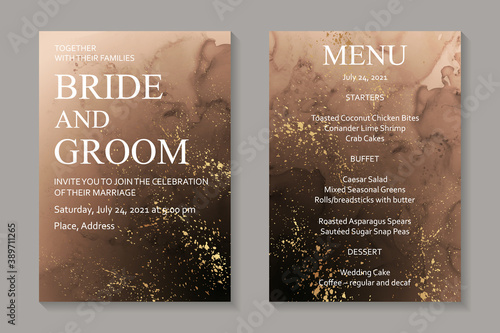 Modern abstract luxury wedding invitation design or card templates for birthday greeting or certificate or cover with brown watercolor stains or fluid art in alcohol ink style with golden glitter.