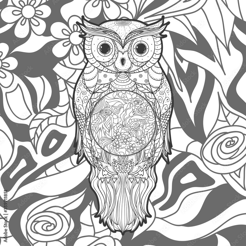 Square ornate pattern with outlined owl. Hand drawn ornate background. Black and white illustration