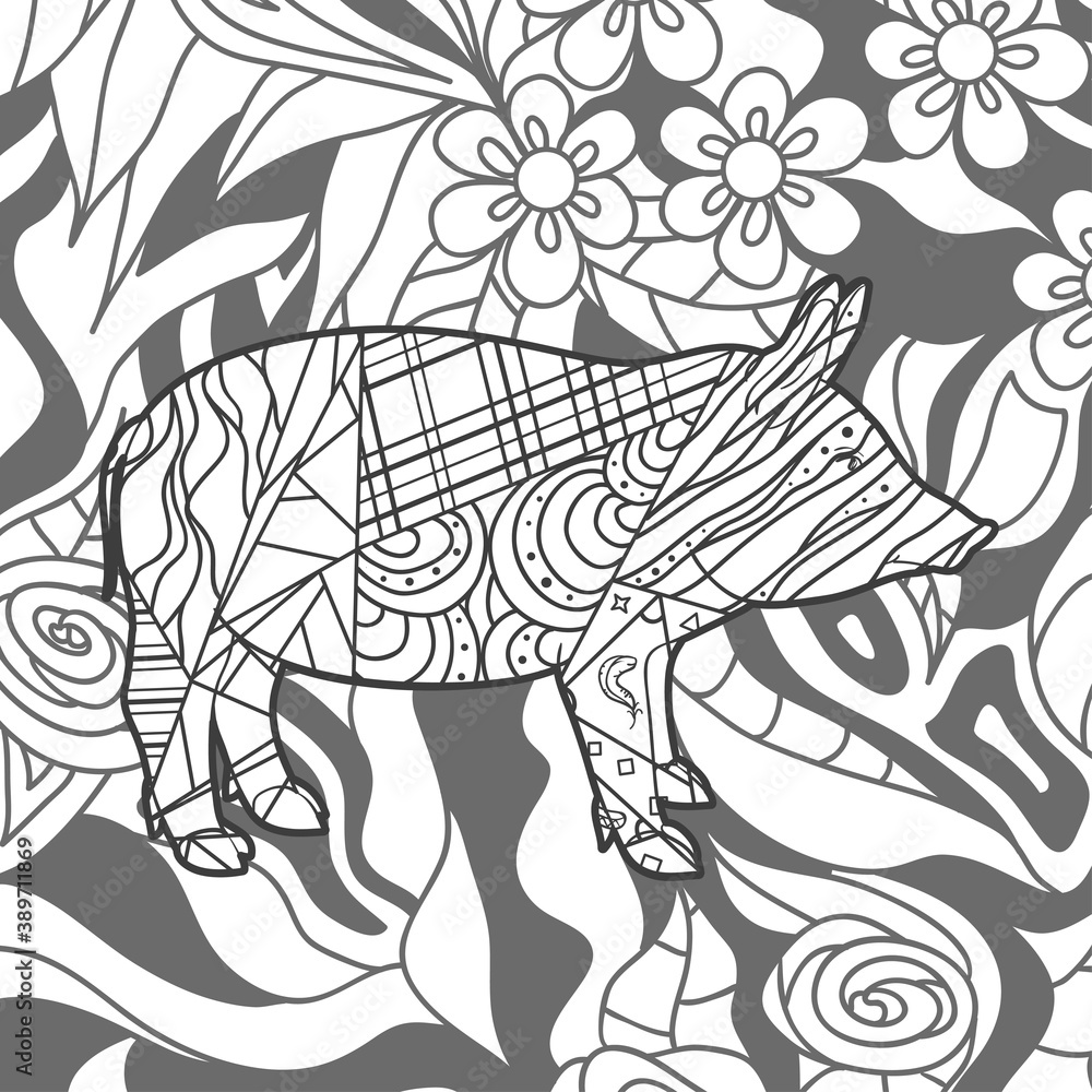 Abstract patterned pig. Hand drawn ornaments. Black and white illustration