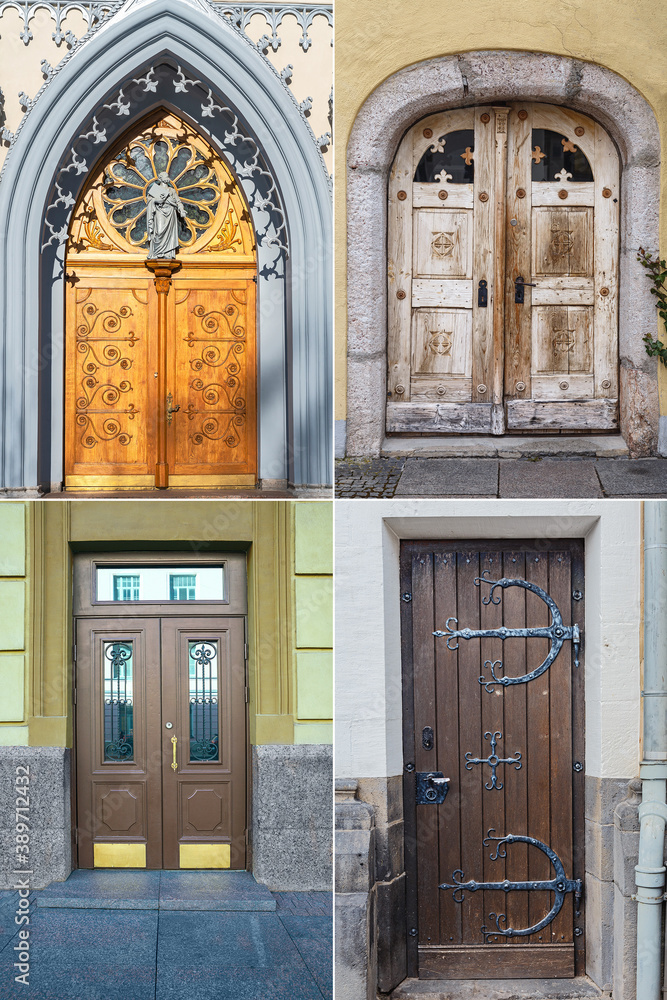 Fototapeta premium Old wooden doors with beautiful metal and wood trim in the historical part of various European cities