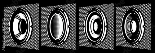 A set of different monochrome speakers. Vector illustration. Elements for design. Carbon fiber background