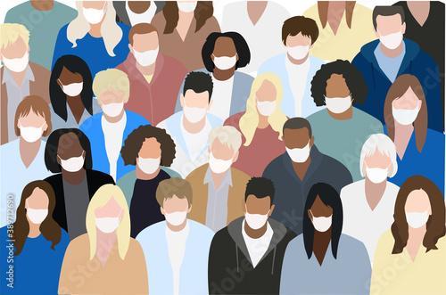 Group of people wearing protection medical face mask to protect and prevent virus, disease, flu, air pollution, contamination, corona. Many ages of old man woman. Vector illustration.