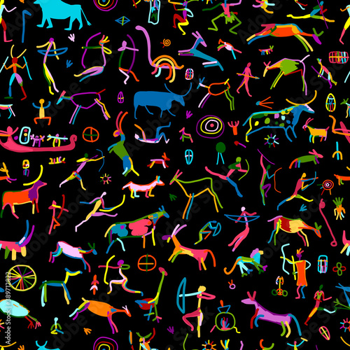 Rock paintings with ethnic people, seamless pattern