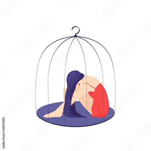 Picture of a young sad woman sitting locked in a cage. Concept of depression, oppression, restriction, abuse. Vector illustration isolated on white background
