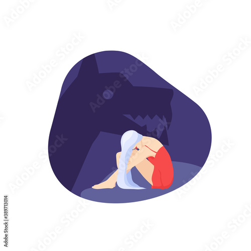 Vector picture of a young sad woman.  A ghost of angry dog on the background. Concept of fear, depression, oppression, restriction, abuse, despair