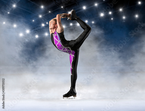 Biellmann spin. Man figure skating in action. Sports banner photo