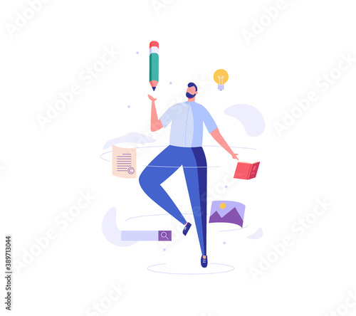 Successful man fly with a pencil writing or editing a text. Concept of copywriting, journalism, writing, copyright idea, blogging, smm. Vector illustration in flat design.