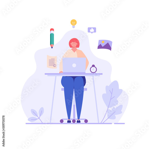 Successful woman sitting with laptop, writing or editing a text. Concept of copywriting, journalism, writing, copyright idea, blogging, smm, management. Vector illustration in flat design.