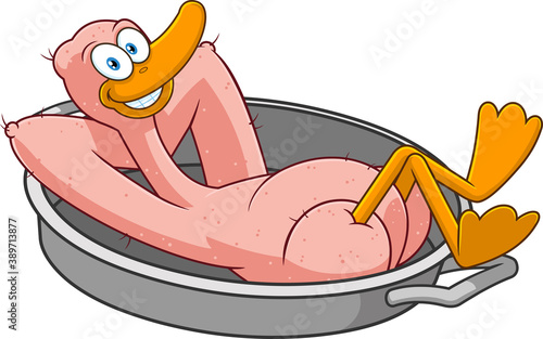 Lucky Duck Or Goose Cartoon Character In The Pan. Vector Illustration Isolated On White Background