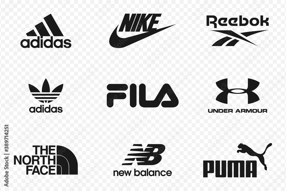 Top clothing brands logos. Set of most popular logo - NIKE, Reebok, New Under Armour, FILA, The North Face. Editorial vector illustration. Stock Vector | Adobe Stock