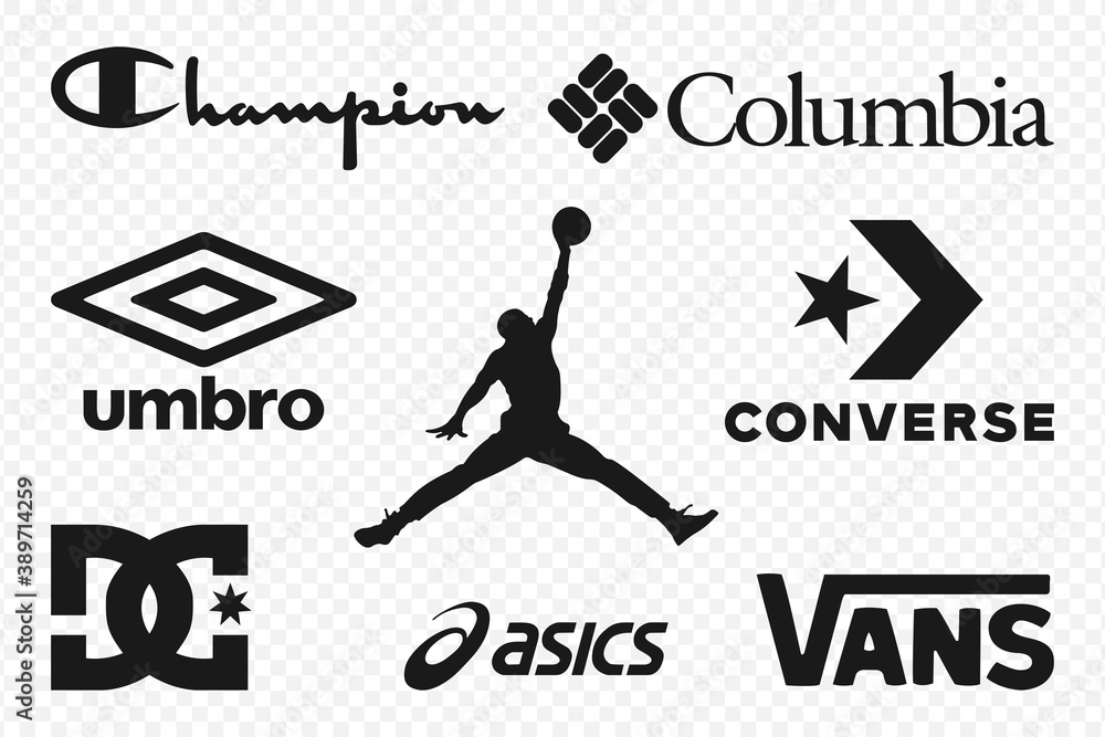 Top clothing brands logos. Set of most popular logo - Jordan, Columbia,  Champion, Converse, Umbro, Vans, Asics, DC Shoes. Editorial vector  illustration. Stock ベクター | Adobe Stock