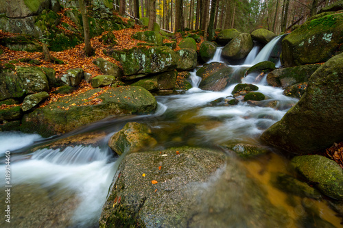 beautiful waterfall in Giant mountain in Poland during fall