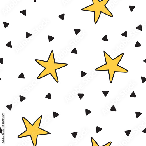 Stars and triangles doodles seamless pattern. Background texture.