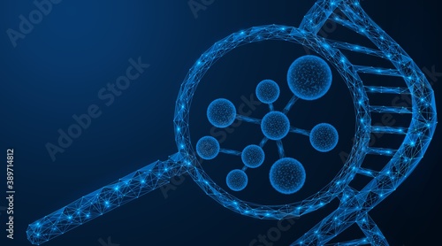 A DNA particle under a magnifying glass. Study of the genome of a living organism. Polygonal design of concatenated lines and points. Blue background.