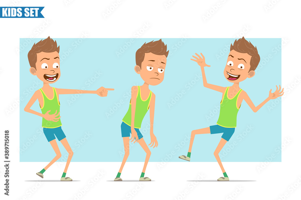 Cartoon flat funny sport boy character in green shirt and shorts. Kid sad,  tired, laughing, jumping and dancing. Ready for animation. Isolated on blue  background. Vector set. Stock Vector | Adobe Stock