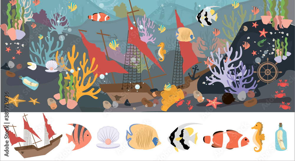 A set of flat sea animals. Marine life, animals, plants, sunken objects, ship, anchor, calligraphy. Designer set of cartoon vector illustrations on a white background. Design for books, web, children