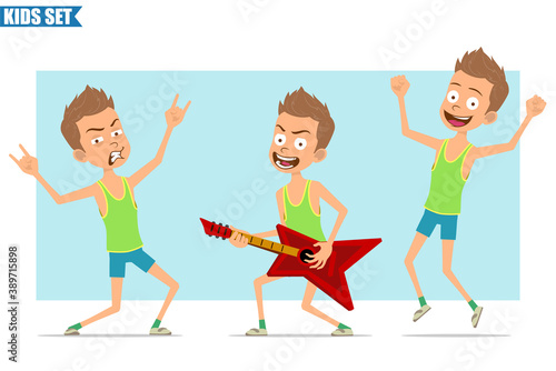 Cartoon flat funny sport boy character in green shirt and shorts. Kid playing on guitar and showing rock and roll sign. Ready for animation. Isolated on blue background. Vector set.