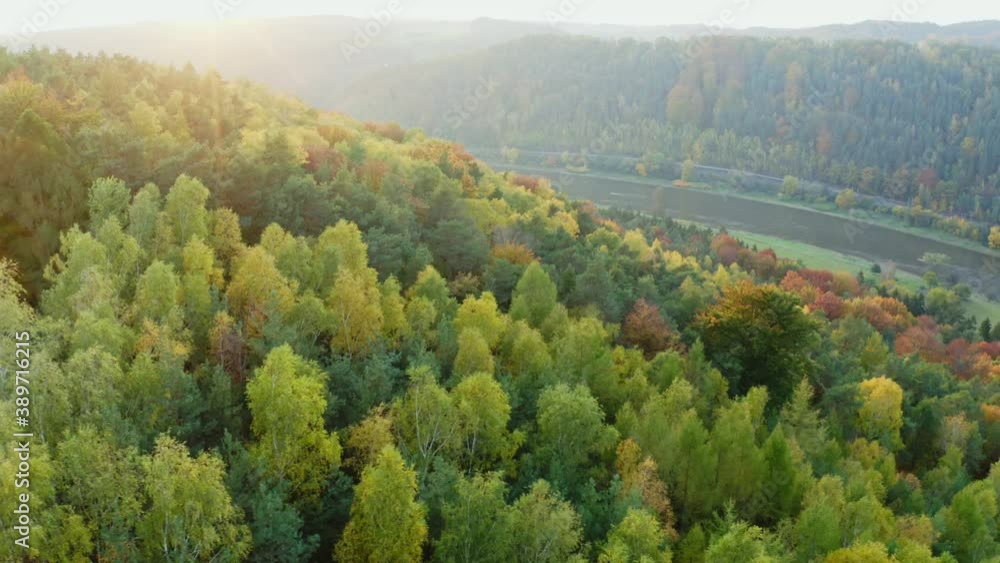 aerial flight over colorful trees and river Elbe in Saxon Switzerland, Germany aerial flight over colorful trees and river Elbe in Saxon Switzerland, Germany
