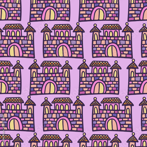 Seamless vector colorful illustration pattern design of silhouette of medieval cartoon castle