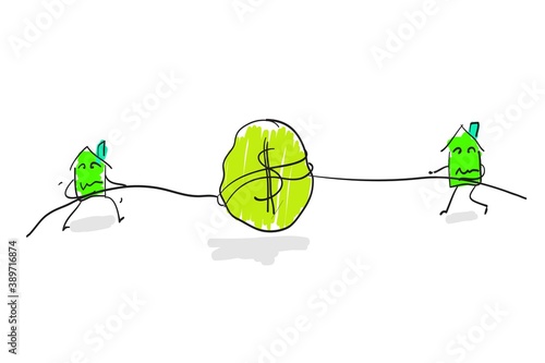 Vector illustration of cute house fight over the dollar bill