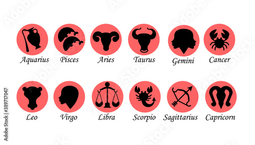 Set of twelve signs of the zodiac. Prediction of the future. Vector illustration. Isolated on white background