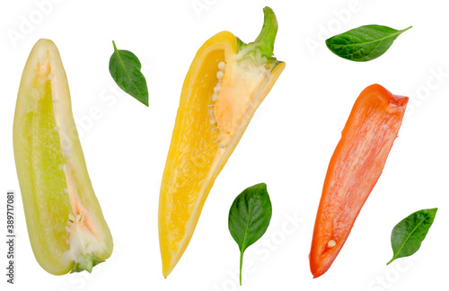 Slices of bell pepper isolated on white background, top view