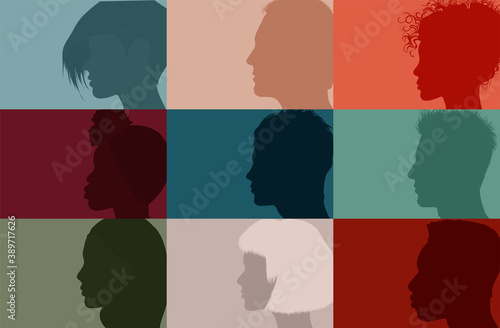 Collage community society diversity multiethnic people. Group side silhouette men and women of diverse culture and different countries. Racial equality. Harmony  friendship integration