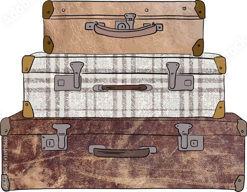 leather suitcases are standing on each other waiting for a trip, vector illustration of vintage suitcases, bonvoyage card photo