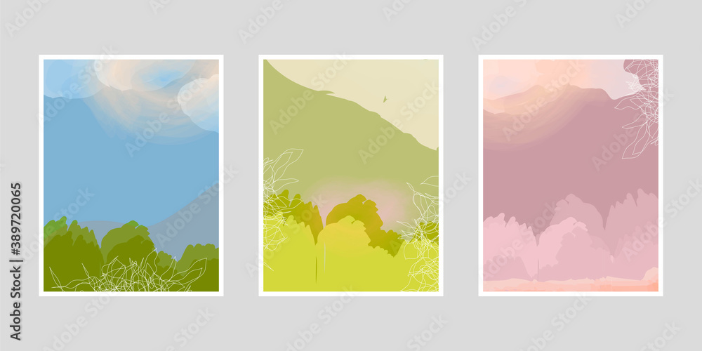 Set of artistic creative posters with with  seasonal landscape. Hand drawn texture with watercolor effect. Design for poster, postcards, invitations, brochures, leaflets. Vector.