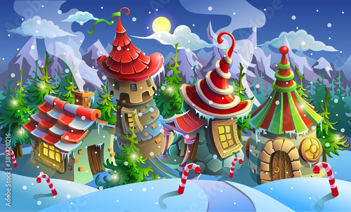 Christmas.  panorama of  fairytale village with colorful houses and a mill. Vector illustration for design.