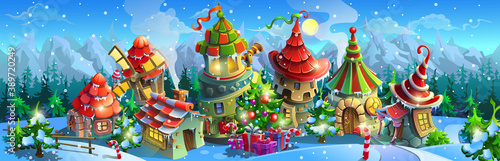 Christmas.  panorama of  fairytale village with colorful houses and a mill. Vector illustration for design.
