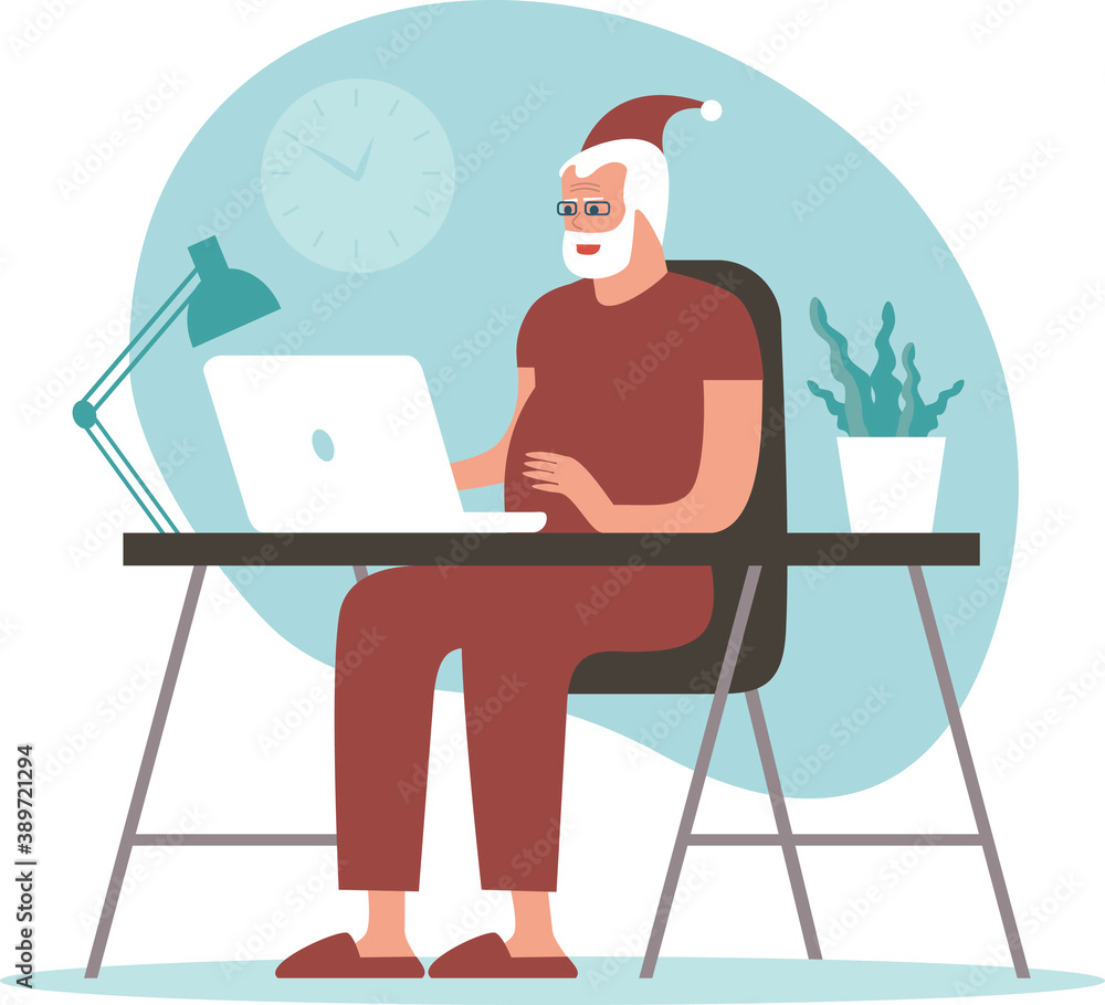 Santa Claus is sitting and using laptop, connecting to people around the world. Christmas online shopping concept. Video conference with Santa.