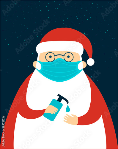 Santa Claus Character wearing protective face mask using hand sanitizer Safety tips for coronavirus covid-19 pandemic on Christmas holidays