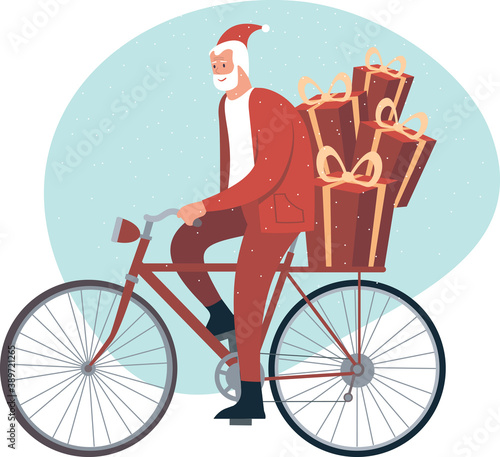 Modern Santa Claus character riding his hipster bicycle. Delivering Christmas gifts.