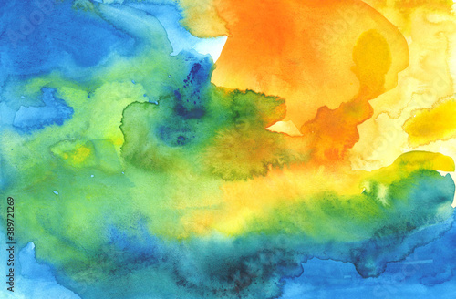 Abstract blue and orange watercolor background, hand painted texture, paper illustration