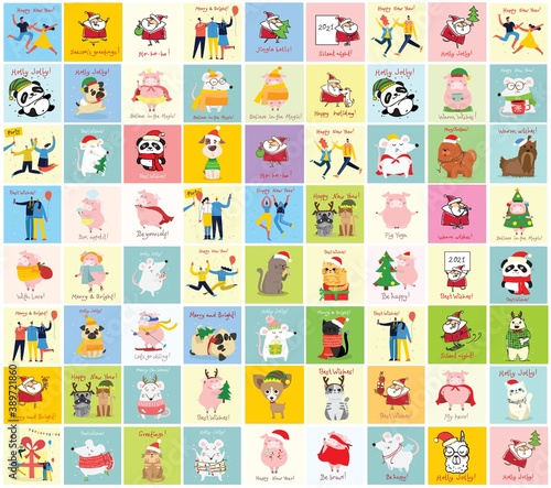 Vector illustration of christmas cats, pigs, rats and dogs with Christmas and new year greetings.