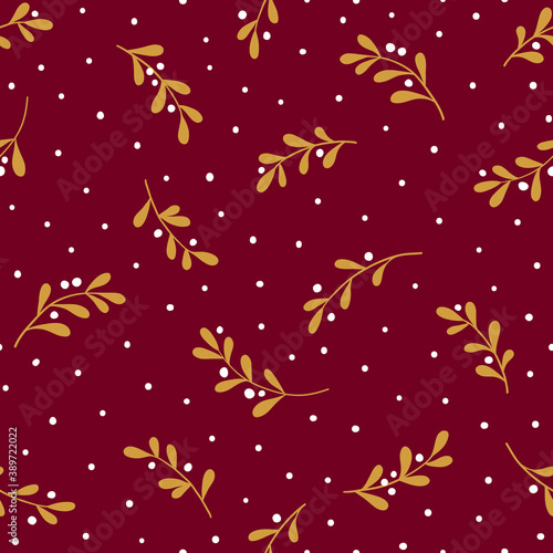 Christmas background with tree branches and snowflakes. Vector seamless pattern with mistletoe.