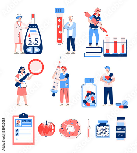 Set of diabetes infographic elements with cartoon characters, flat vector illustration isolated on white background. Diabetes medicamentation, diagnosis and treatment.