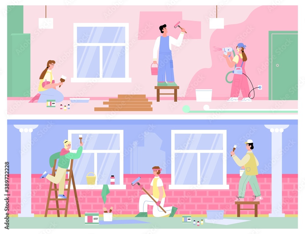 Banners set with teams of painters and craftsmen working, flat cartoon vector illustration. Workers of renewal service painting and decorating walls in interior.