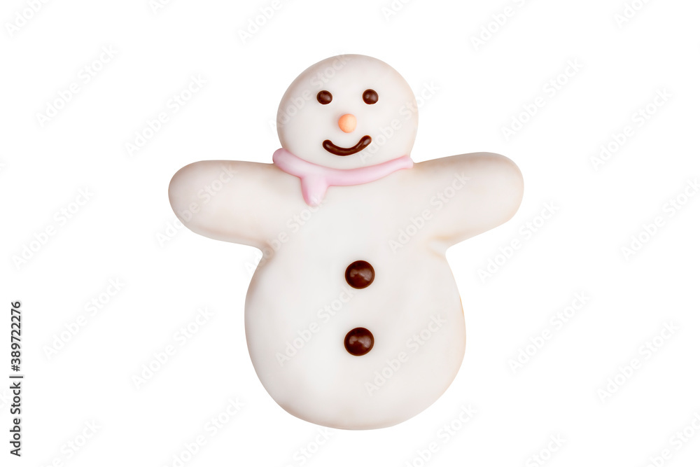 Delicious Christmas cookie in the shape of a snowman decorated with icing sugar and fondant isolated on white background Delicious Christmas cookie in the shape of a snowman decorated with icing sugar and fondant isolated on white background