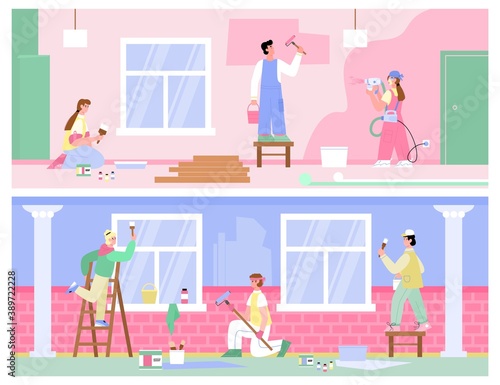 Banners set with teams of painters and craftsmen working, flat cartoon vector illustration. Workers of renewal service painting and decorating walls in interior.