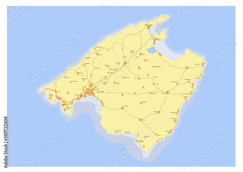 Palma de Mallorca island map with roads, Spain. Balearic Islands. Detailed vector illustration.
