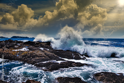 Fototapeta Waves are raging against the rocky cliffs of Tofino, Vancouver Island, Bc