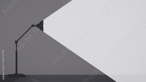 Office desktop lamp is on dark grey table. Shining white light. You can place advertising text. Vector illustration