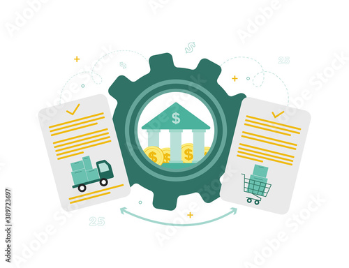 Finance. Factoring. There is a banu with coins in the gear, documents with a truck and a cart with boxes on the sides. Vector illustration